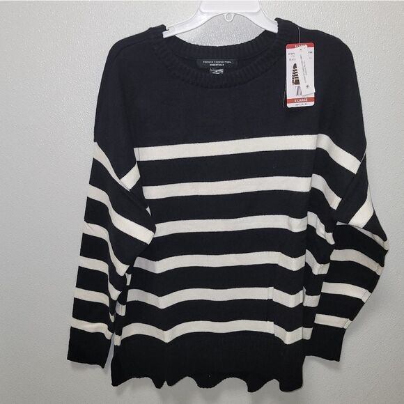 French Connection Essentials Women's Striped  Sweater Black Ground  XL NWT - Picture 1 of 6